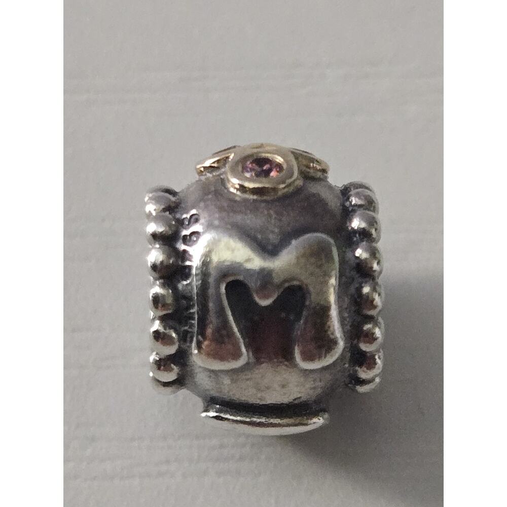 Pandora 925 Sterling Silver & 14k Gold Two Tone Pink CZ Retired Mom Charm
